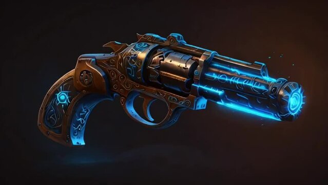 Massive revolver with glowing blue runes. 