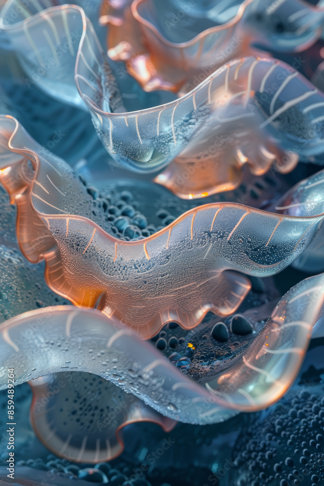 Poster abstract macro of transparent sculptural waves with bubbles