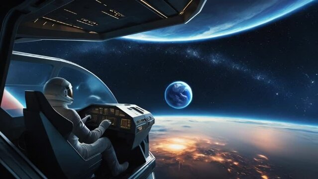 A futuristic spaceship cockpit, while it's in space. 