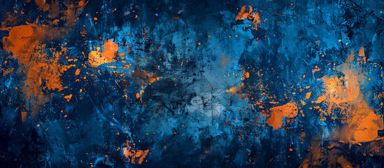 Abstract art with blue and orange tones, featuring grunge texture and paint splashes on a dark background