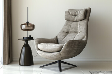 Contemporary furniture set including a sleek armchair, a side table, and a floor lamp, isolated on solid white background.