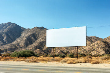 A large billboard sits in the middle of a desert