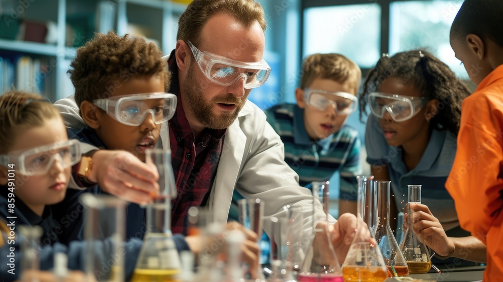 Poster a fun event is taking place in a lab where a group of children are conducting a science experiment, 
