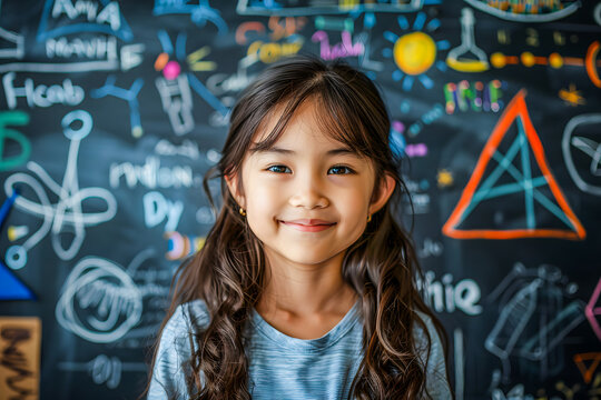 Petite fille devant un tableau d'&eacute;cole rempli de notes et dessins faits &agrave; la a craie de couleur