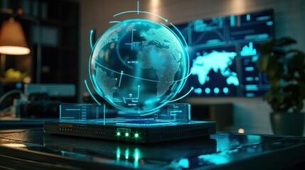 A router with futuristic globe hologram on a dark room background