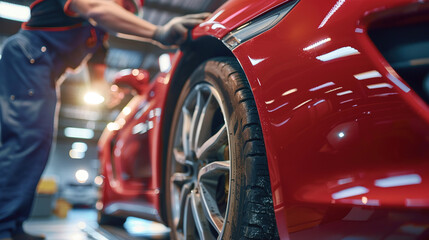 Mechanic polishing red sports car in a garage, focusing on the wheel and body