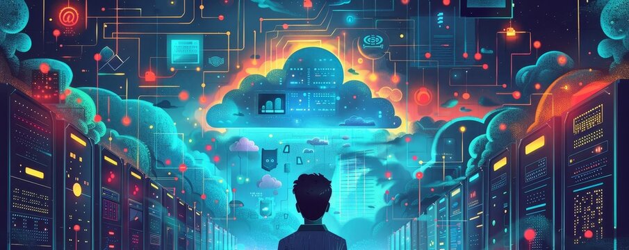 cloud computing, magical, flat design, top view, enchanted data center, cartoon drawing, colored pastel