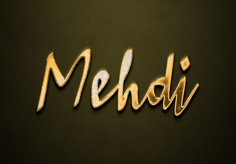 Old gold text effect of Arabic name Mehdi with 3D glossy style Mockup.