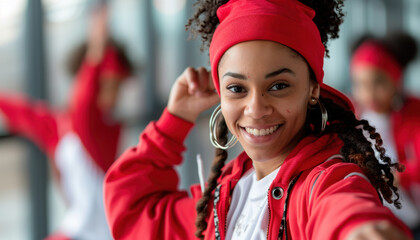 A woman in a red hoodie is smiling and posing for a picture