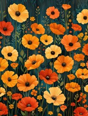 Vibrant illustration of orange and yellow flowers on a dark green background, creating a lively and colorful floral design.