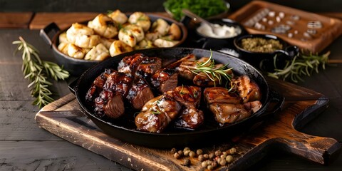 Fototapeta premium Brazilian barbecue tradition with rosemaryinfused homecooked meal for a festive gathering. Concept Brazilian Barbecue, Rosemary-infused Meal, Festive Gathering, Tradition, Homecooked Meal,