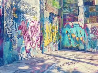 Vibrant urban graffiti art on old building walls, colorful street art with expressive layers, showcasing creativity and urban culture.