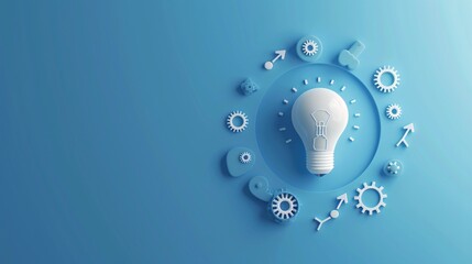 Light Bulb with Gears and Arrows on Blue Background