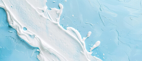 Close up of White Toothpaste on a Solid Rough Blue Background with Empty Copy Space for Text. Macro Top View of Dental Care Concept Advertisement Commercial Banner, Teeth Hygiene Advertising Cover