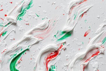 Close up of Toothpaste Texture: Top View of White, Red, and Green Toothpaste on Solid Surface Background. Stomatology and Dental Care Textured Product Backdrop