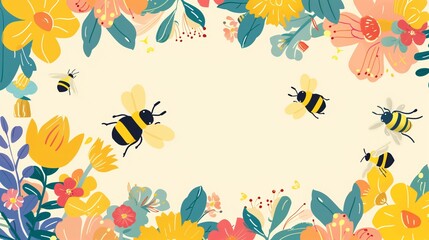 colorful template featuring bees and flowers, leaving ample space