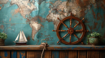 Vintage nautical decor with a world map background, featuring a wooden ship wheel, a model sailboat, and plants on a rustic shelf.
