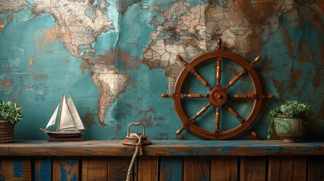 Vintage nautical decor with a world map background, featuring a wooden ship wheel, a model sailboat, and plants on a rustic shelf.