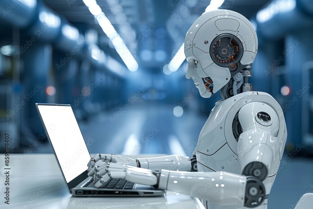 Poster a white robot using a laptop in a technological environment