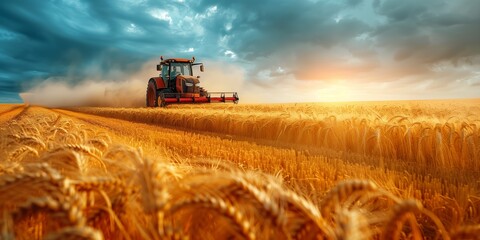 Fototapeta premium Modern farming, machinery, tractor, wheat field, golden hour, agricultural technology, landscape, harvest