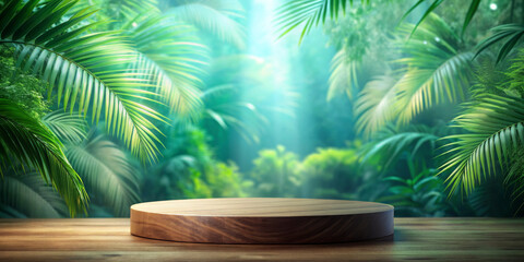 Obraz premium A round wooden pedestal with a lush green tropical forest in the background, illuminated by a soft, ethereal light that seems to come from within the foliage. Product presentation podium.AI generated.