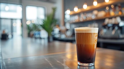 Nitro cold brew in a sleek, modern office, SEO drinks, modern office