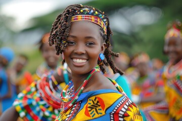 Fototapeta premium Young Woman in Colorful Kitenge Dress Dancing at Nairobi Cultural Festival