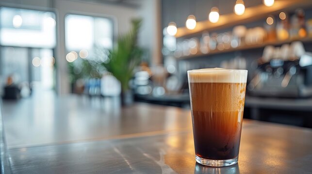 Nitro cold brew in a sleek, modern office, SEO drinks, modern office