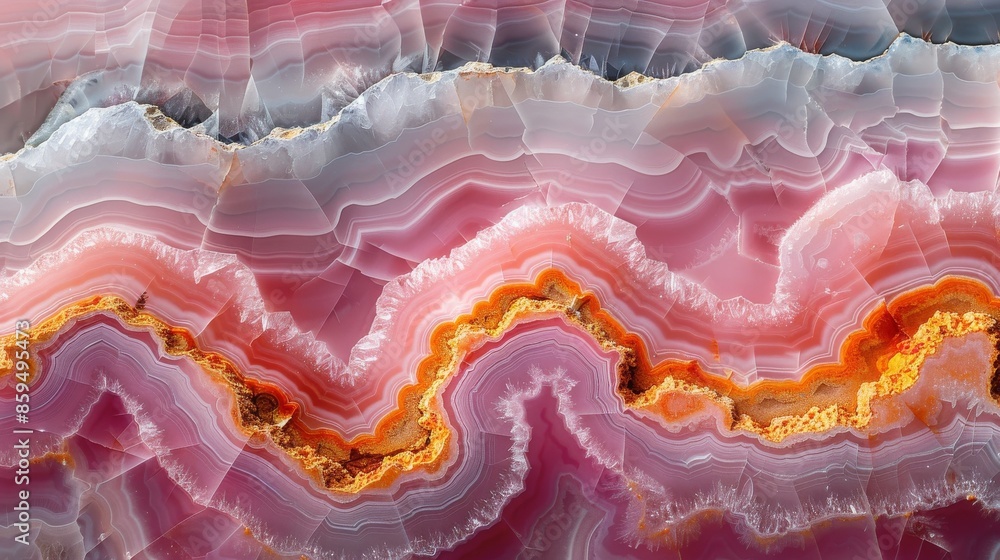 Poster a striking image capturing the intricate layers and vibrant hues of a pink agate mineral, emphasizin