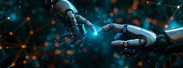 Fototapeta premium Robot and human hands touch ICONS on a virtual screen with a call center logo representing the future concept of customer service in a digital context.
