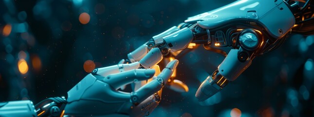 Fototapeta premium Robot and human hands touch ICONS on a virtual screen with a call center logo representing the future concept of customer service in a digital context.