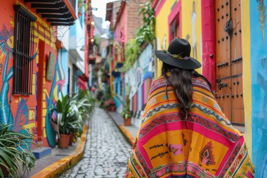 Woman in Traditional Ruana Walking Through La Candelaria in Bogot&aacute;

