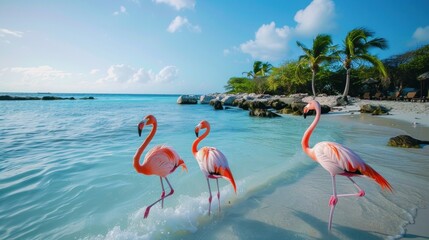 Flamingoes roam freely on Renaissance Island, a private island in Aruba, offering a unique and unforgettable encounter with these majestic birds