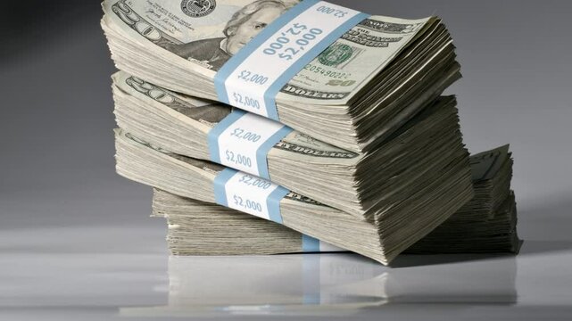 Stack of money falling and landing on a table. Slow Motion.