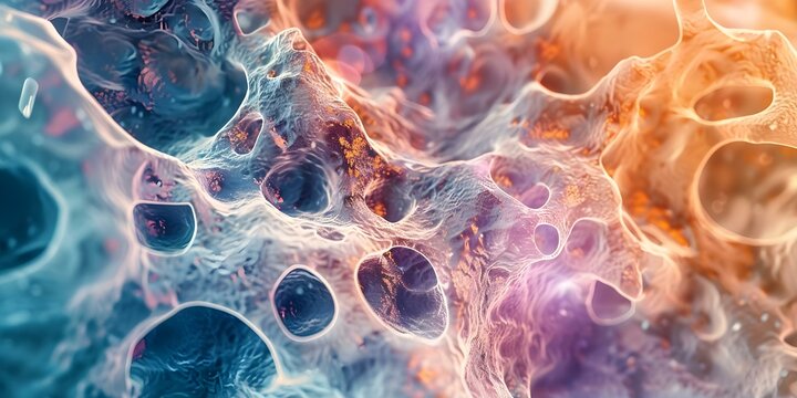 Enhanced image of mesotheliomaaffected pleural tissue highlighting cellular changes in natural light. Concept Medical Illustration, Mesothelioma, Pleural Tissue, Cellular Changes, Natural Light