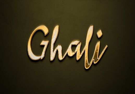 Old gold text effect of Arabic name Ghali with 3D glossy style Mockup.