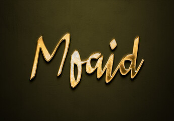 Old gold text effect of Arabic name Moaid with 3D glossy style Mockup.