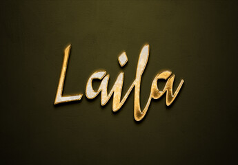 Old gold text effect of Arabic name Laila with 3D glossy style Mockup.