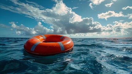 Obraz premium An orange life buoy floats on the ocean surface, with a dramatic cloudy sky above, symbolizing readiness for emergencies, rescue operations, and maritime safety measures.