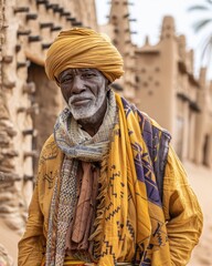 Elderly Man in Traditional Tuareg Robe Standing Before Ancient Mosques in Timbuktu

