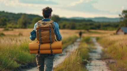Backpacker Walking on a Rural Path
