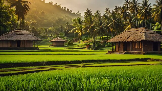 Traditional huts nestled among lush, terraced rice fields with palm trees in the background, showcasing the serene and vibrant landscape of a rural farming community.