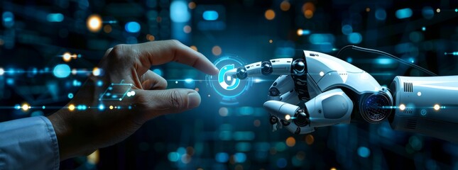Fototapeta premium Robot and human hands touch ICONS on a virtual screen with a call center logo representing the future concept of customer service in a digital context.