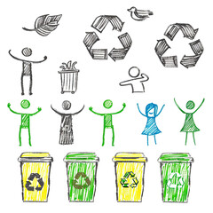Hand drawn recycle campaign symbol with stick figure cartoon illustration. 