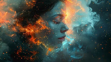 Fototapeta premium An abstract visual concept image combining fiery orange elements and cool blue smoke effects, resulting in a dramatic and dynamic artistic representation with rich contrasts.