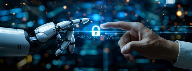 Obraz premium Robot and human hands touch ICONS on a virtual screen with a call center logo representing the future concept of customer service in a digital context.