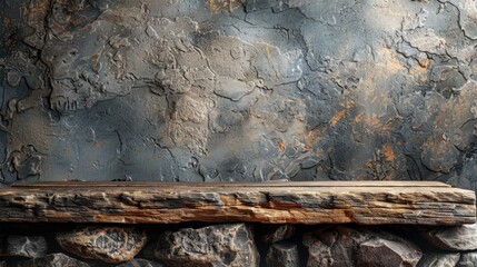 This image depicts a weathered wall with a wooden shelf mounted on a rugged stone base, balancing a rustic aesthetic with natural textures and an earthy appeal.