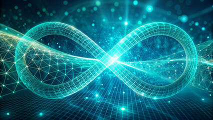 A glowing depiction of an infinity symbol, seemingly made of a mesh wireframe with connecting nodes and lines. It stands in front of a dark background with a grid pattern and scattered highlights.AI