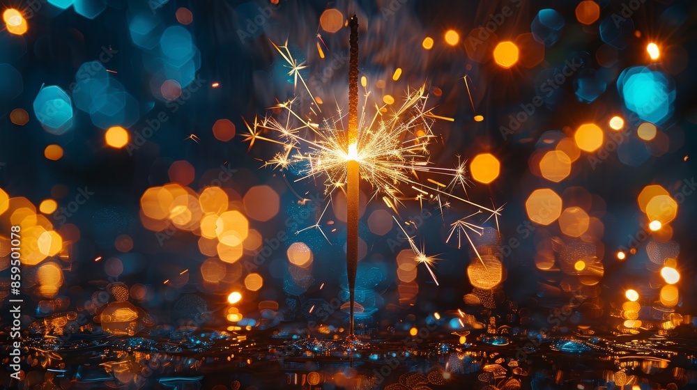 Poster a close-up of a sparkler burning brightly, creating a burst of light and illuminating the surroundin