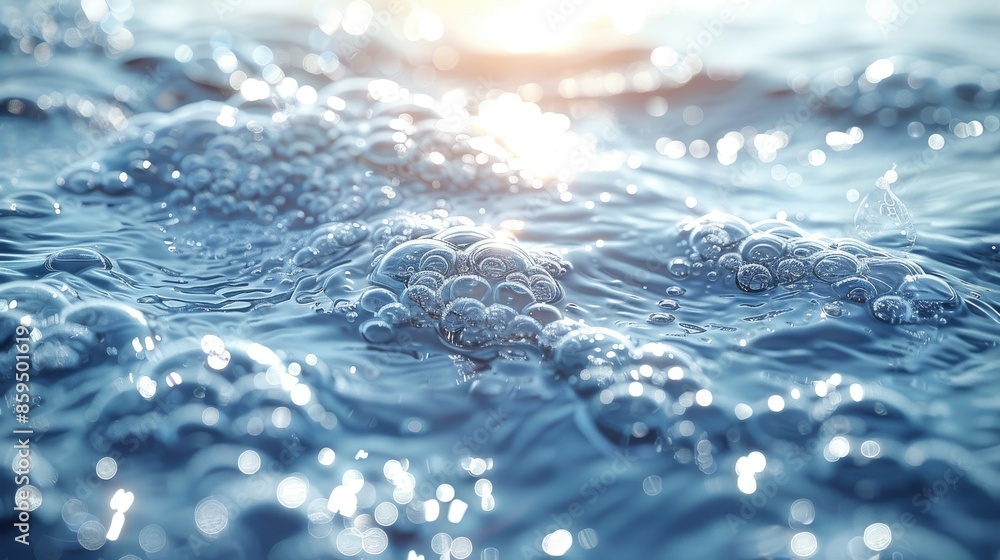 Poster close-up of bubbles floating on the surface of water, with sunlight creating shimmering reflections,